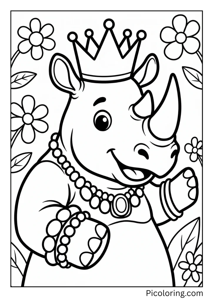 A rhinoceros wearing a crown and jewelry