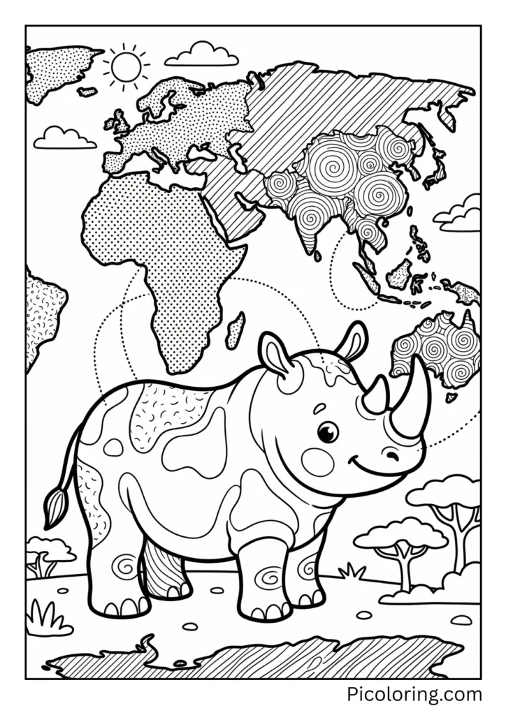 A rhinoceros with a simple world map showing where rhinos live