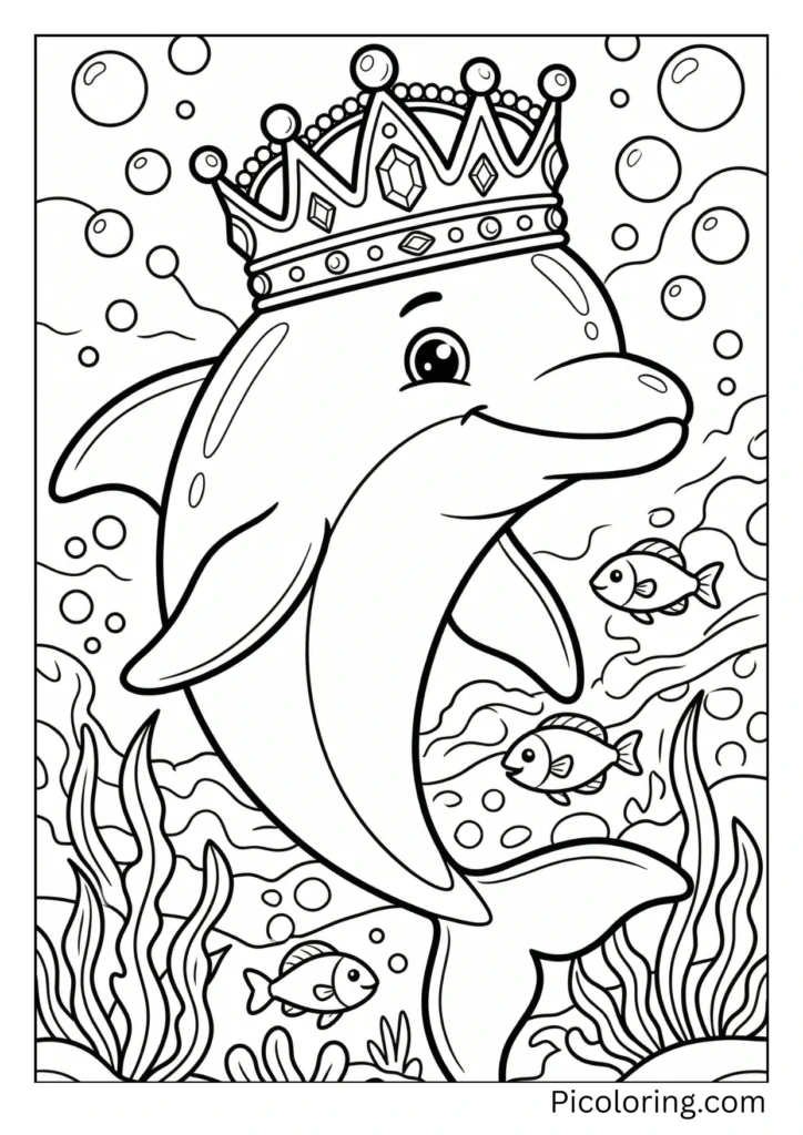 A royal dolphin wearing a jeweled crown