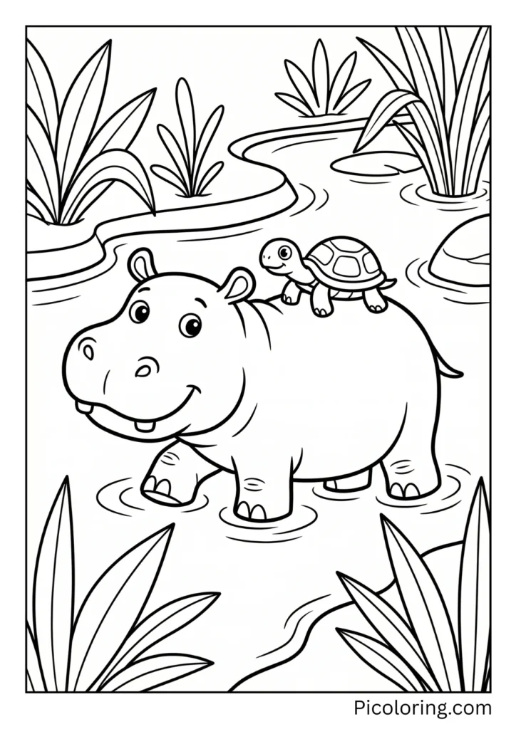 A slow turtle riding on a hippos back