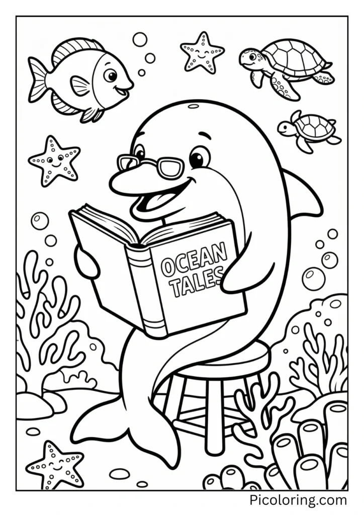 A smart dolphin enjoying reading a book