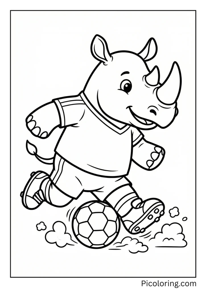 A sporty rhino kicking a soccer ball