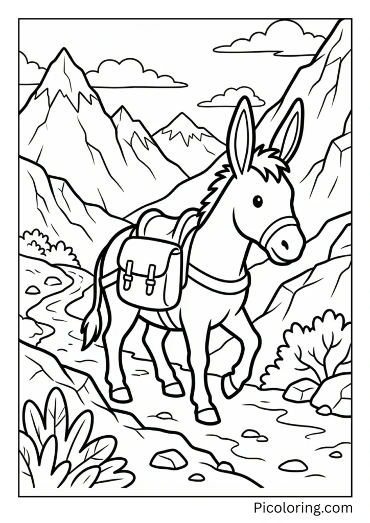 A sturdy donkey walking along a mountain trail with peaks in the background