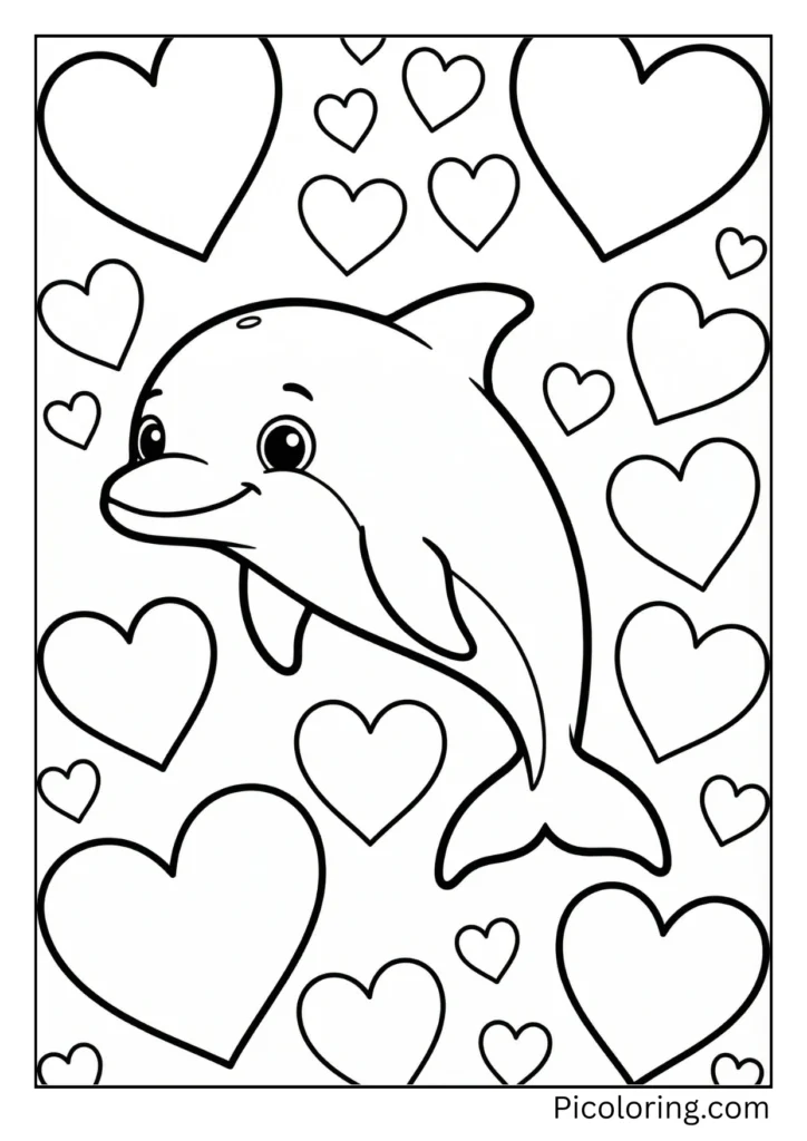 A sweet dolphin surrounded by floating hearts