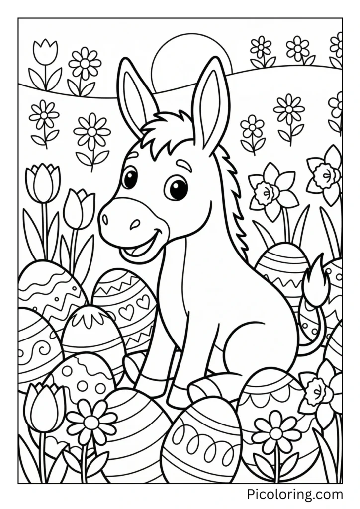 A sweet donkey surrounded by Easter eggs and spring flowers