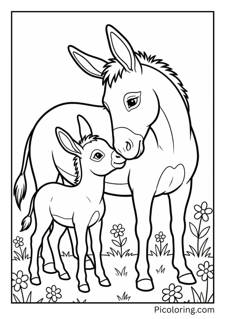 A sweet scene of a baby donkey nuzzling its protective mother