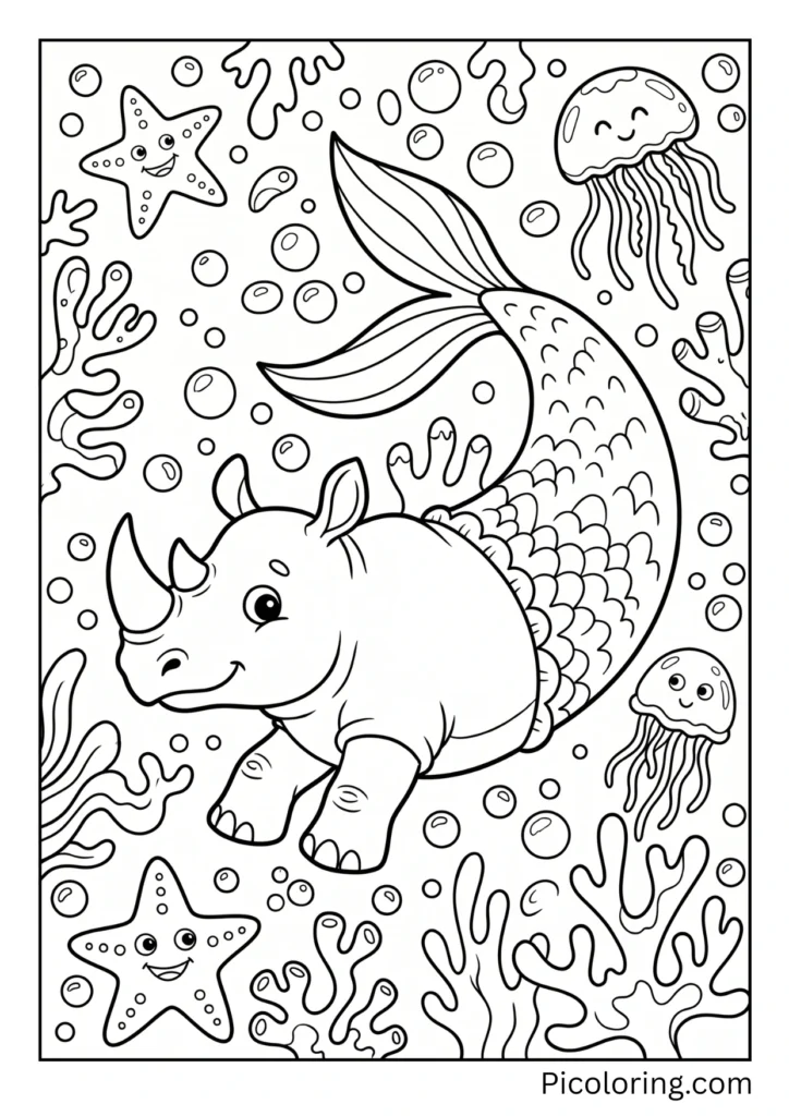 A whimsical rhino with a fish tail