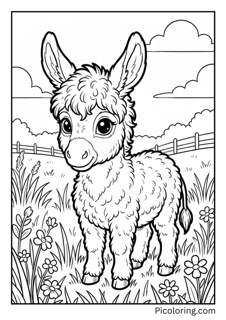 An adorable baby donkey with big eyes and a fluffy coat standing in grass