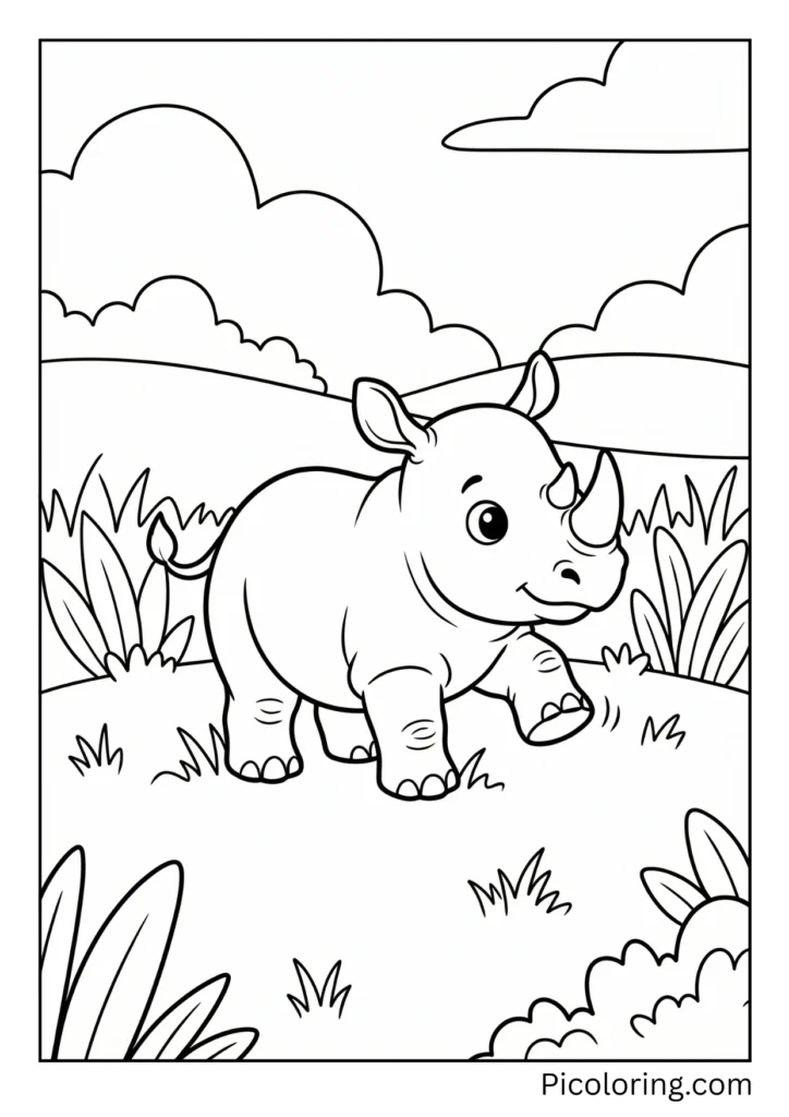 An adorable baby rhinoceros taking its first wobbly steps in the grassland