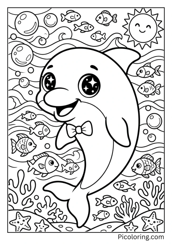 An adorable cartoon dolphin with sparkly eyes