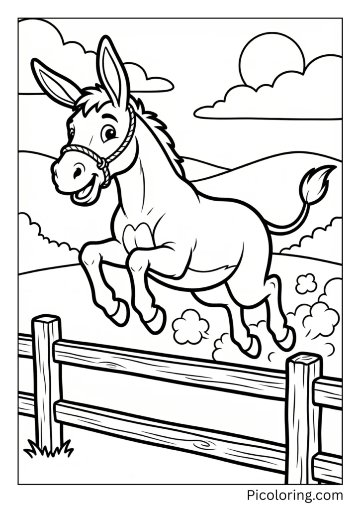 An athletic donkey leaping over a wooden fence