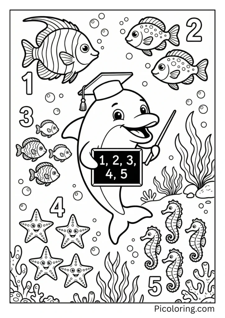 An educational dolphin counting colorful fish