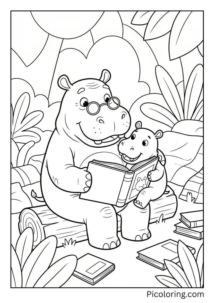 An elderly hippo reading to a young one
