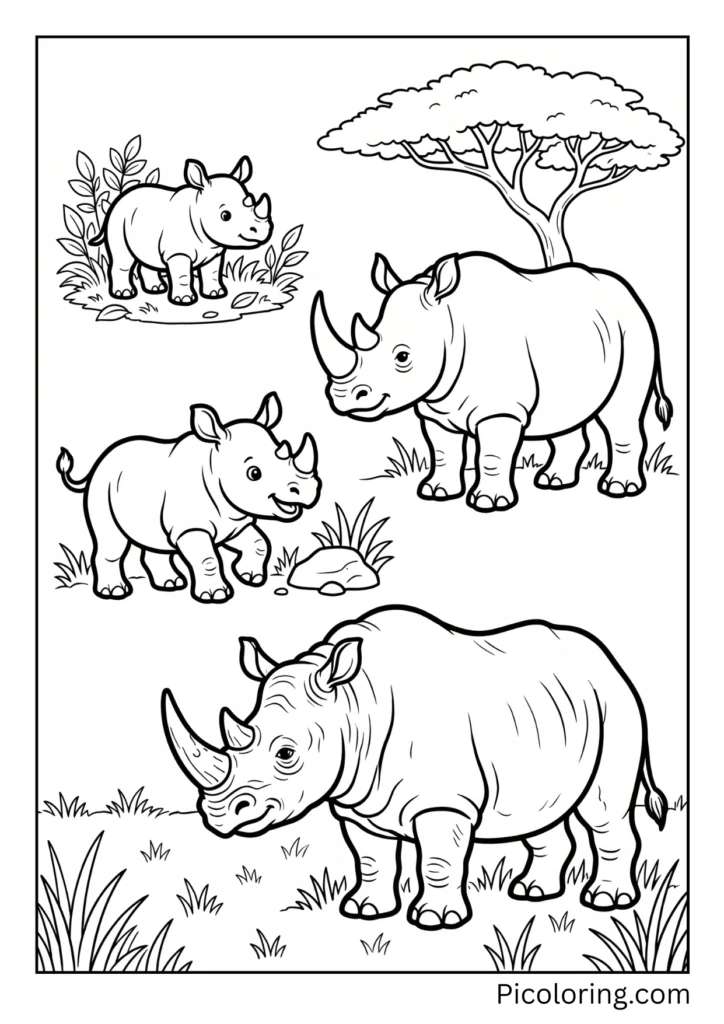 Four stages showing baby, juvenile, adult, and elderly rhino