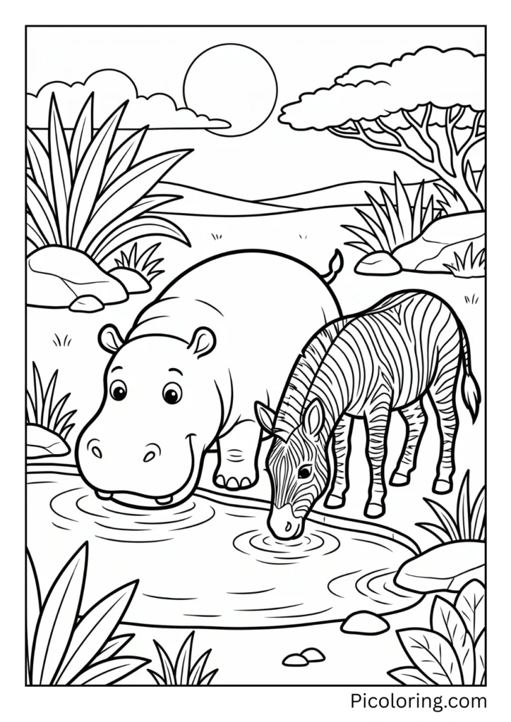 Hippo and zebra drinking water together