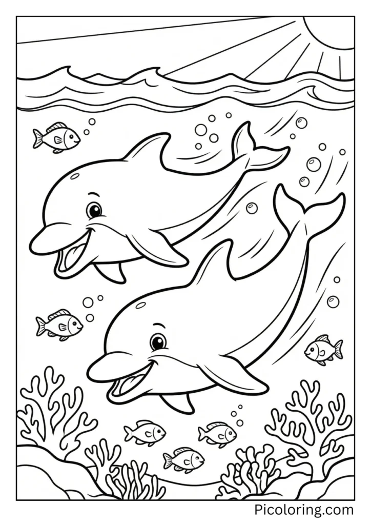 Two dolphins swimming side by side in a friendly race through the water