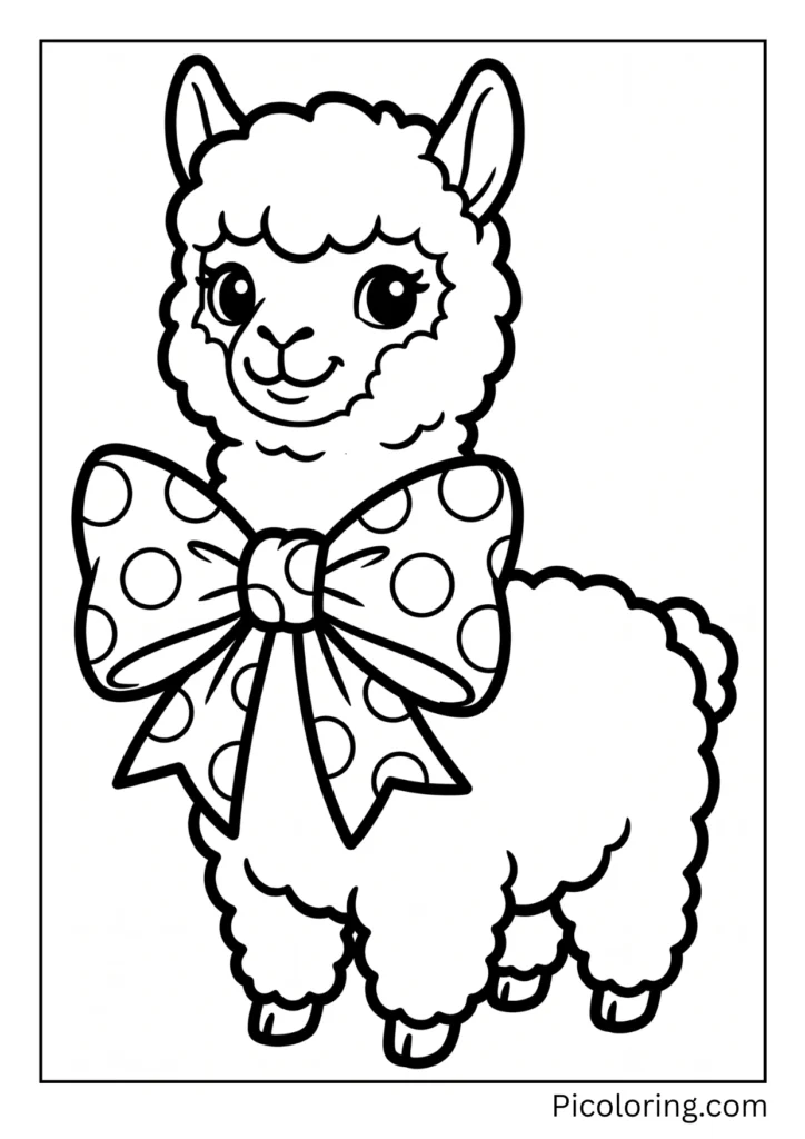 A baby alpaca with a big colorful polka dot bow tied around its neck A baby alpaca with a big colorful polka dot bow tied around its neck