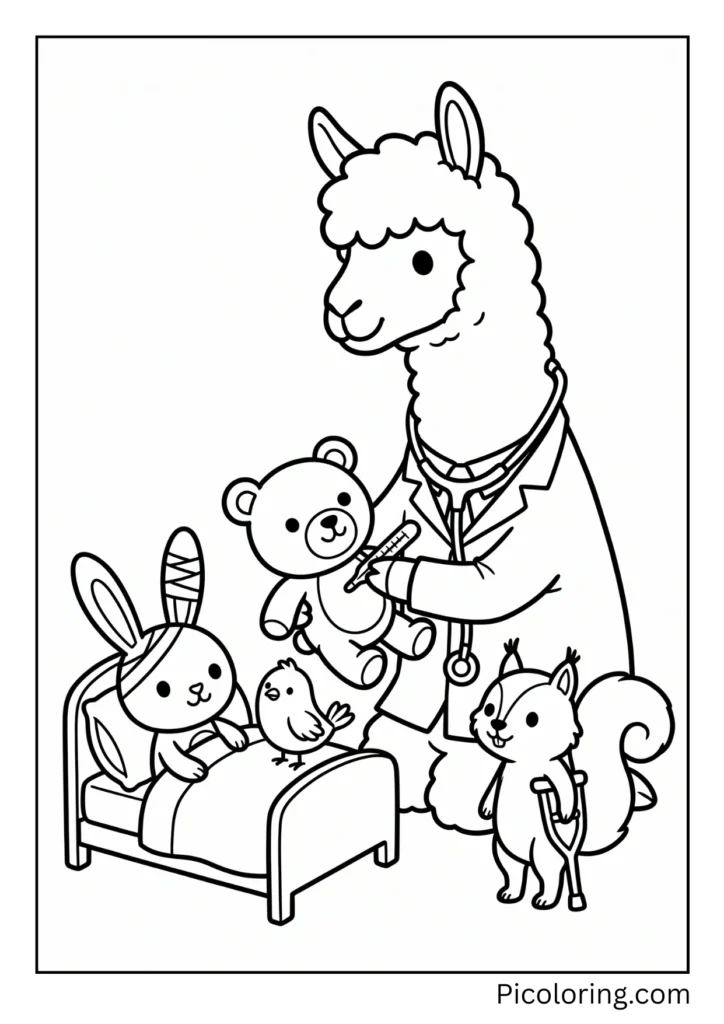 A caring alpaca wearing a white doctor coat with a stethoscope helping sick animals A caring alpaca wearing a white doctor coat with a stethoscope helping sick animals
