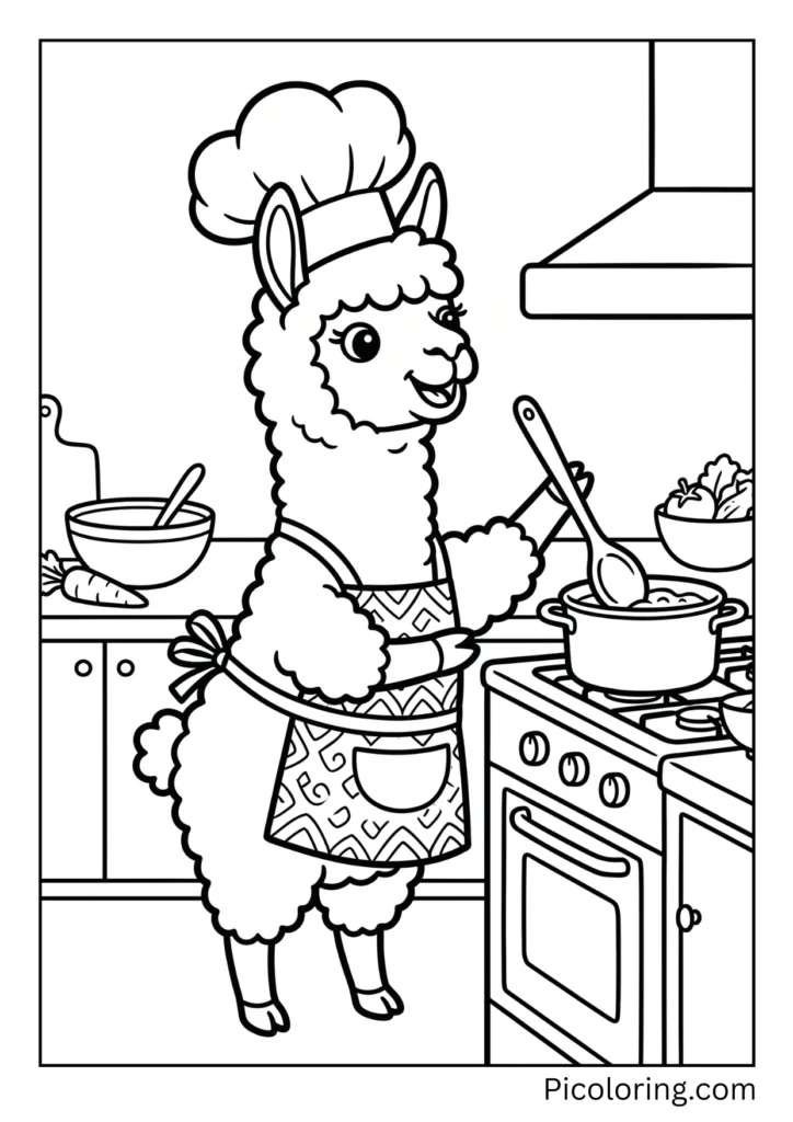 A cooking alpaca wearing a tall white chef hat and apron holding a spoon A cooking alpaca wearing a tall white chef hat and apron holding a spoon