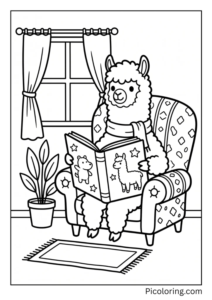 A cozy alpaca reading a big colorful storybook sitting in a comfy chair A cozy alpaca reading a big colorful storybook sitting in a comfy chair