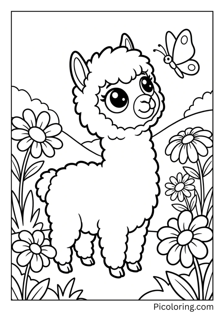 A cute baby alpaca with huge round eyes looking at a colorful butterfly nearby A cute baby alpaca with huge round eyes looking at a colorful butterfly nearby