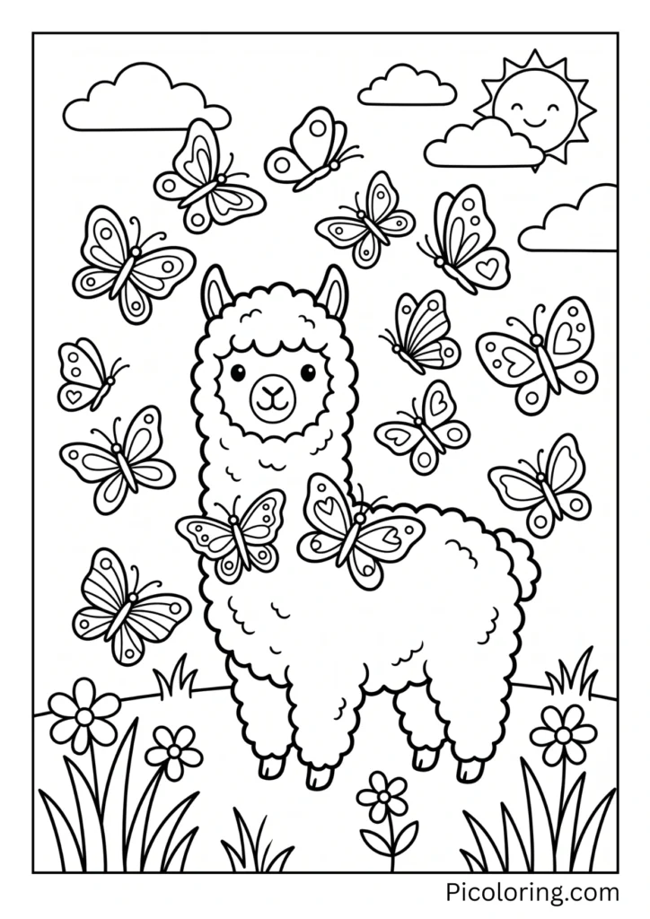 A gentle alpaca surrounded by dozens of colorful butterflies flying all around happily A gentle alpaca surrounded by dozens of colorful butterflies flying all around happily