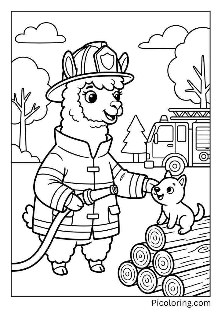 A helpful alpaca wearing a red firefighter helmet and jacket saving the day A helpful alpaca wearing a red firefighter helmet and jacket saving the day