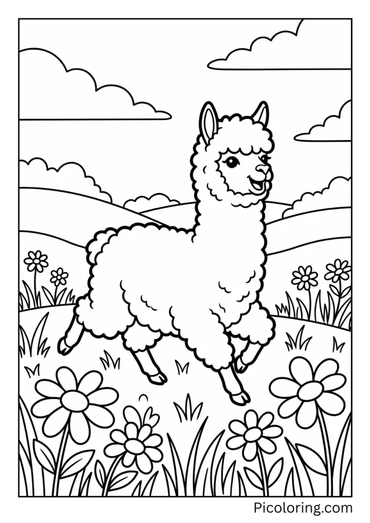 A joyful alpaca running through a green spring meadow full of fresh flowers A joyful alpaca running through a green spring meadow full of fresh flowers