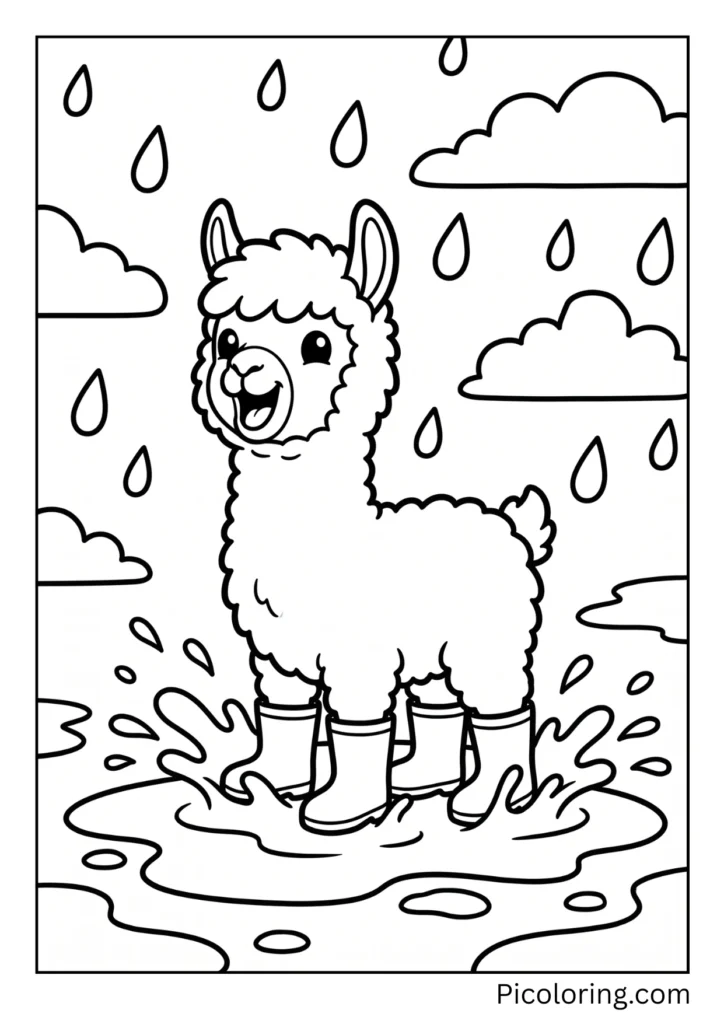 A little alpaca wearing bright red rain boots splashing in muddy puddles happily A little alpaca wearing bright red rain boots splashing in muddy puddles happily