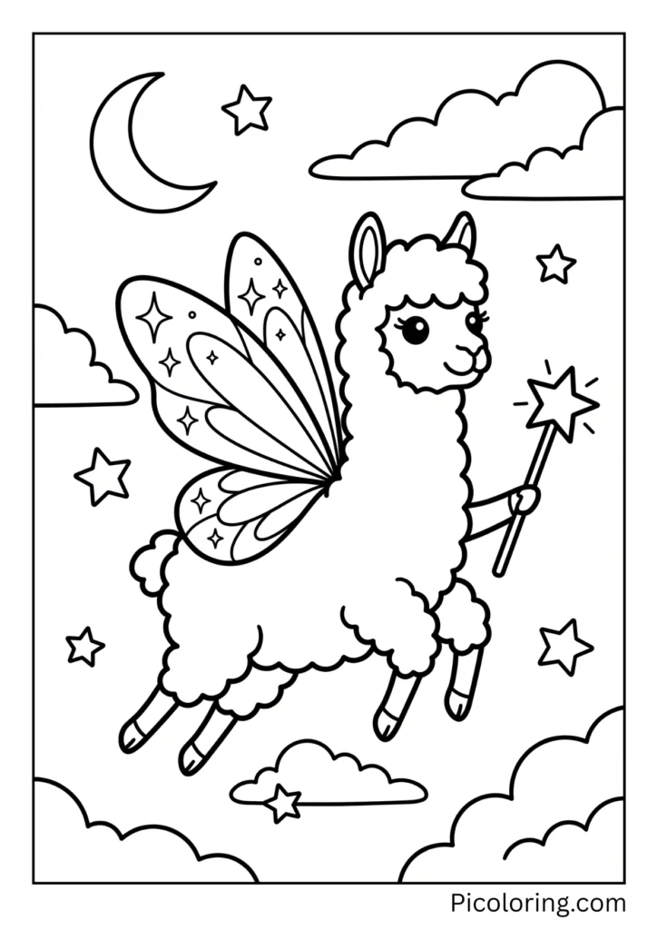 A magical alpaca with glittery fairy wings and a star wand flying around A magical alpaca with glittery fairy wings and a star wand flying around