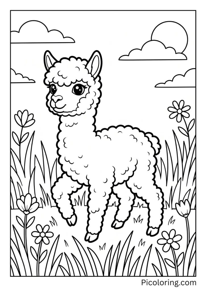 A newborn baby alpaca learning to walk on shaky little legs in green grass A newborn baby alpaca learning to walk on shaky little legs in green grass