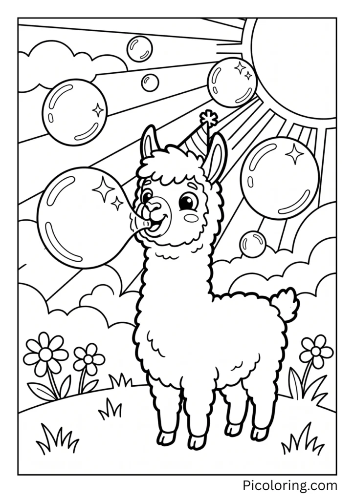 A silly baby alpaca blowing shiny rainbow bubbles in the warm sunshine A silly baby alpaca blowing shiny rainbow bubbles in the warm sunshine