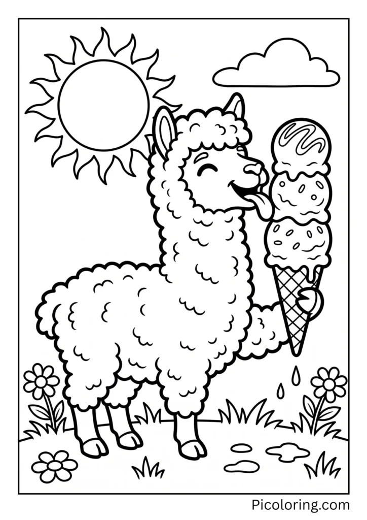 A smiling alpaca licking a triple scoop ice cream cone on a hot day A smiling alpaca licking a triple scoop ice cream cone on a hot day