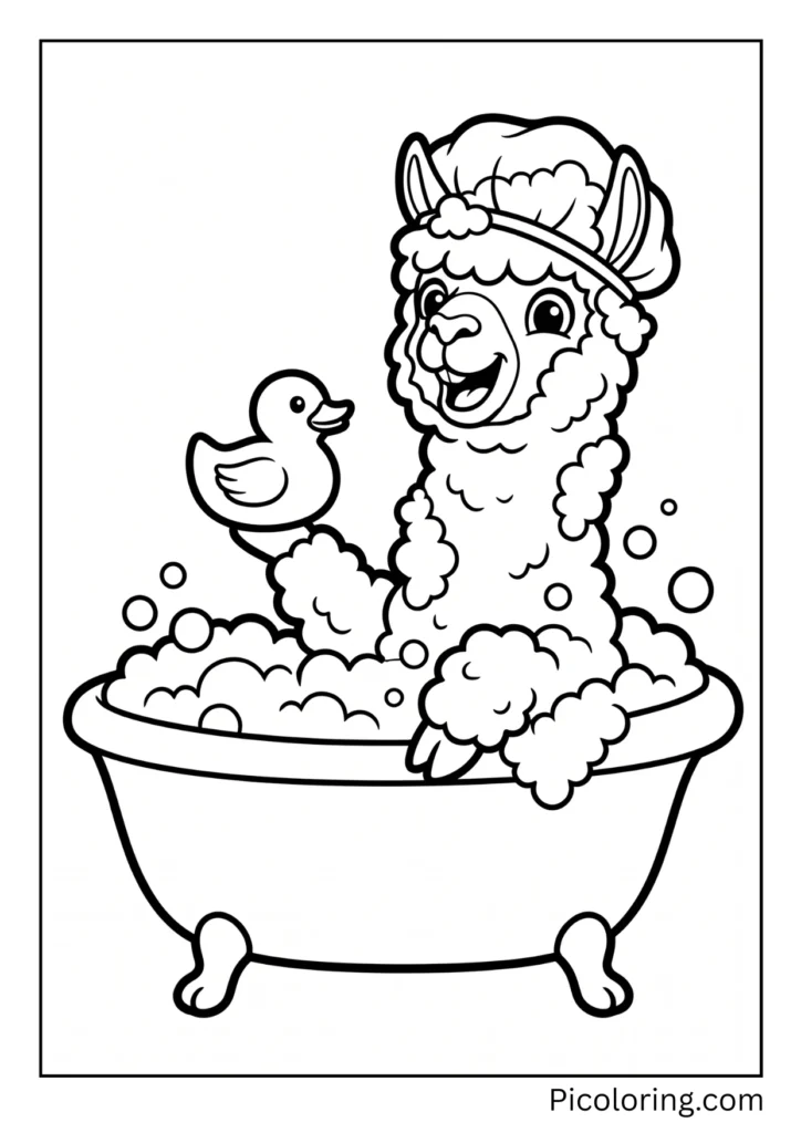 A soapy alpaca playing with a yellow rubber ducky in a bubble bath A soapy alpaca playing with a yellow rubber ducky in a bubble bath