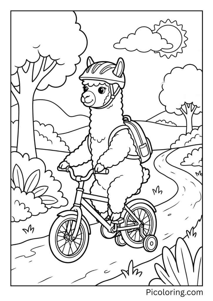 A sporty alpaca riding a blue bicycle down the path wearing a safety helmet A sporty alpaca riding a blue bicycle down the path wearing a safety helmet
