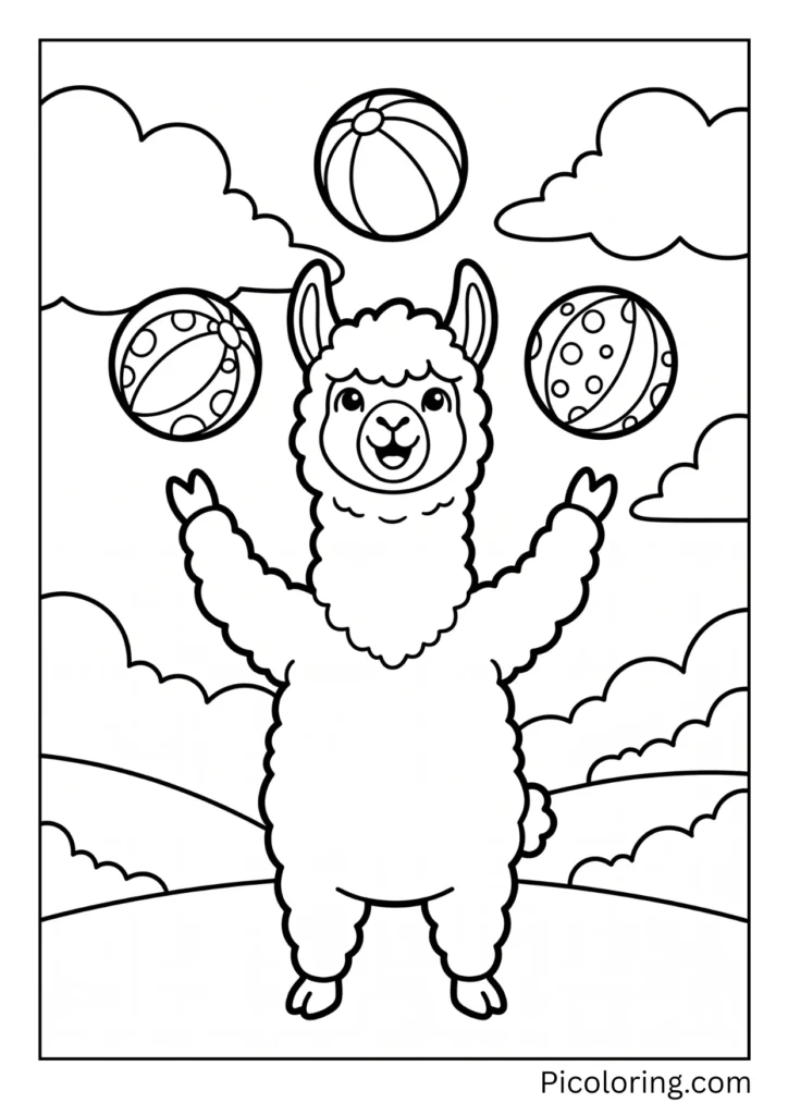 A talented alpaca juggling three colorful balls high up in the air easily A talented alpaca juggling three colorful balls high up in the air easily