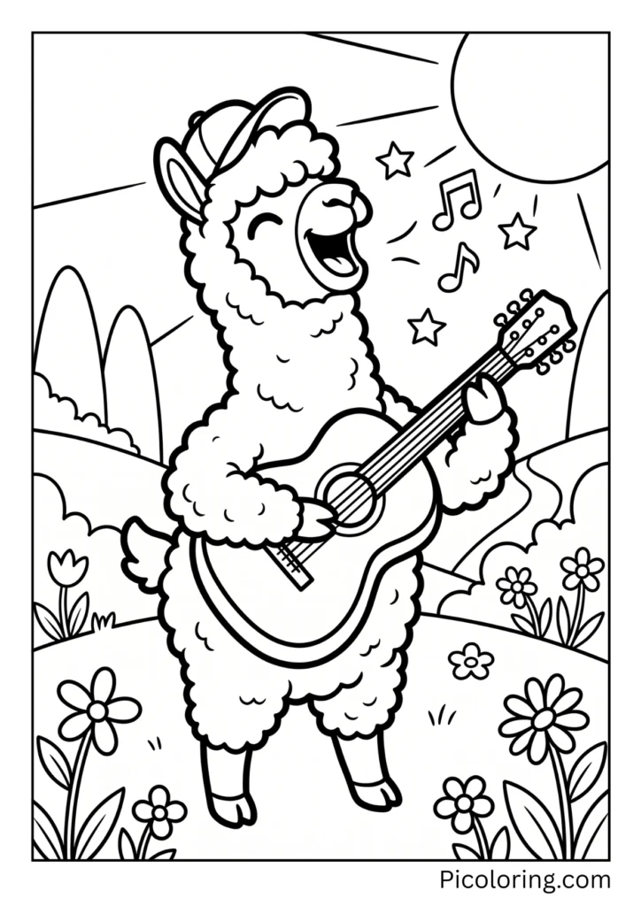 A talented alpaca playing a shiny guitar and singing a happy song loudly A talented alpaca playing a shiny guitar and singing a happy song loudly