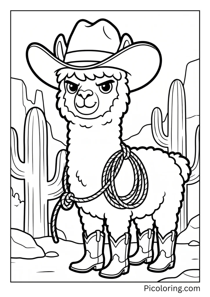 A tough alpaca wearing a brown cowboy hat and boots with a lasso rope A tough alpaca wearing a brown cowboy hat and boots with a lasso rope