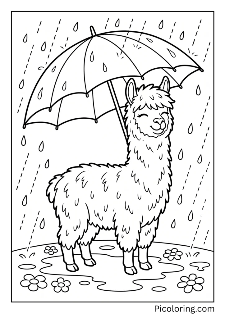 A wet alpaca enjoying the gentle rain falling down with an umbrella overhead A wet alpaca enjoying the gentle rain falling down with an umbrella overhead