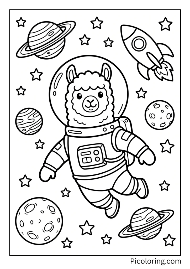 An adventurous alpaca in a space suit floating among stars and planets An adventurous alpaca in a space suit floating among stars and planets