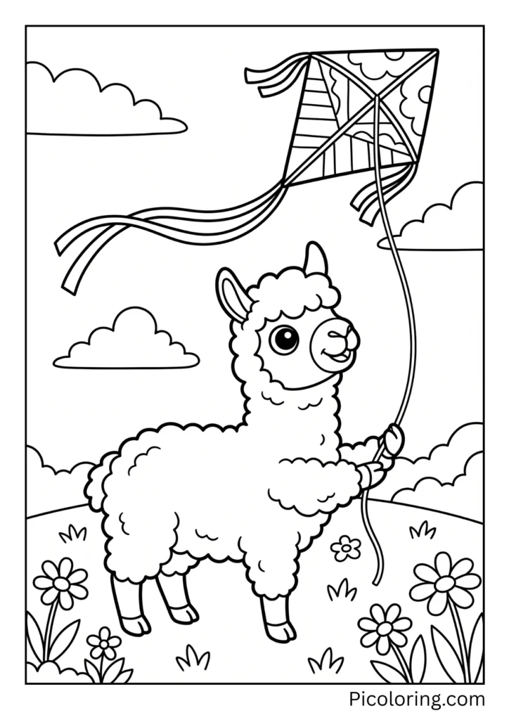 An alpaca holding a string flying a colorful kite way up in the sky An alpaca holding a string flying a colorful kite way up in the sky