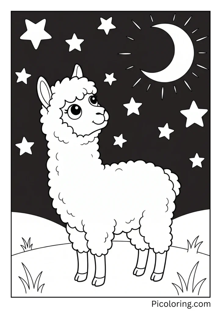 An alpaca looking up at twinkling stars and the bright moon at nighttime An alpaca looking up at twinkling stars and the bright moon at nighttime