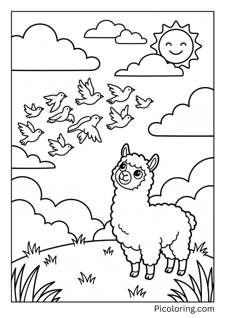 An alpaca watching beautiful birds flying together across the bright blue sky An alpaca watching beautiful birds flying together across the bright blue sky