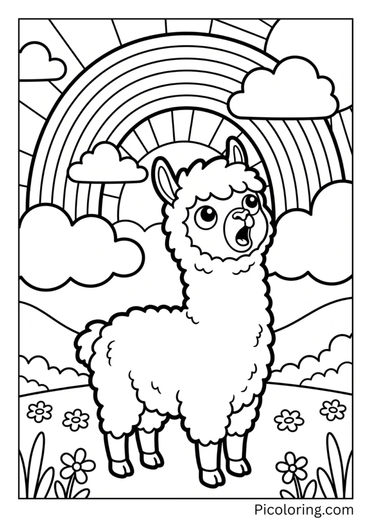 An amazed alpaca looking up at a bright beautiful rainbow in the sky An amazed alpaca looking up at a bright beautiful rainbow in the sky
