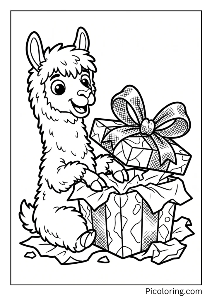 An excited alpaca unwrapping a big gift box with a shiny red bow An excited alpaca unwrapping a big gift box with a shiny red bow