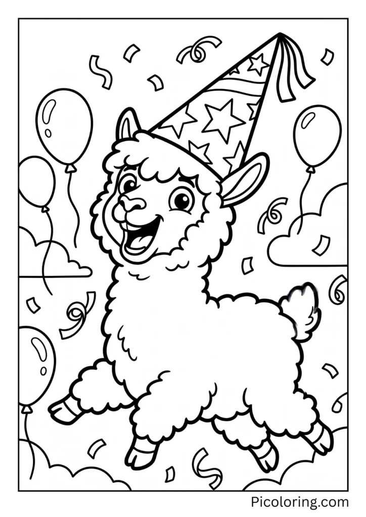 An excited alpaca wearing a pointy colorful party hat with sparkly stars An excited alpaca wearing a pointy colorful party hat with sparkly stars