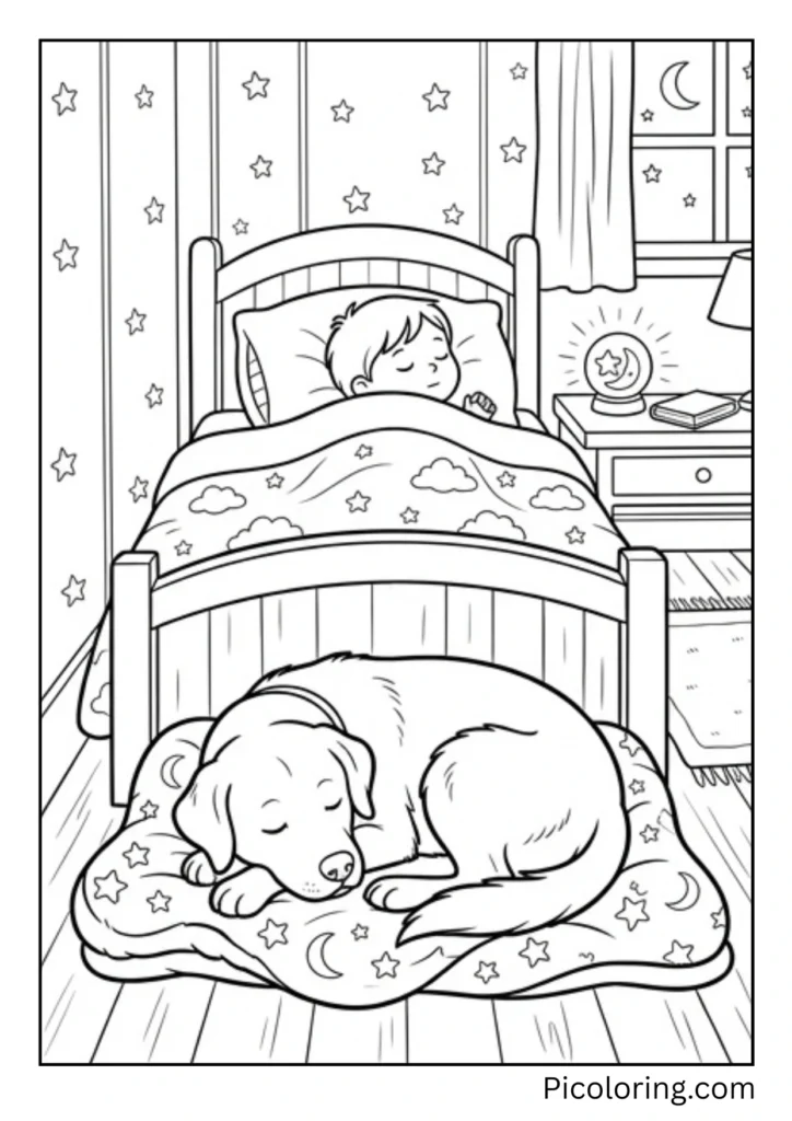 A Labrador curled up sleeping at the foot of a childs bed with a nightlight glowing