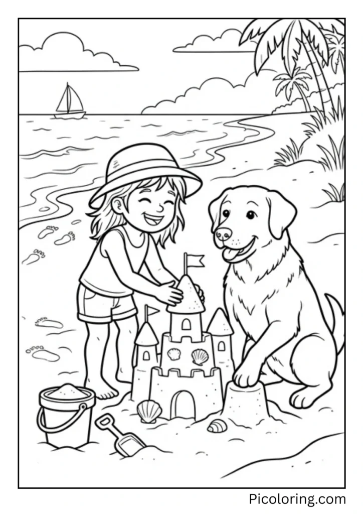 A Labrador helping a child build a sandcastle with bucket and shovel nearby
