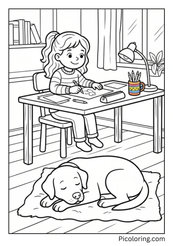 A Labrador lying quietly under a desk while a child does homework above