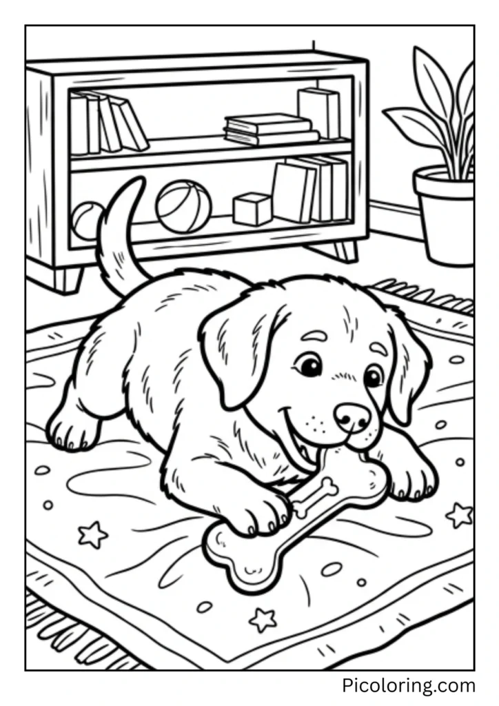 A Labrador puppy happily chewing on a bone-shaped toy while lying on its belly